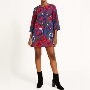 FOSSIL 100% Silk Floral Print Shift Dress | Size 8 | Gray Multicolor | Retro Mod